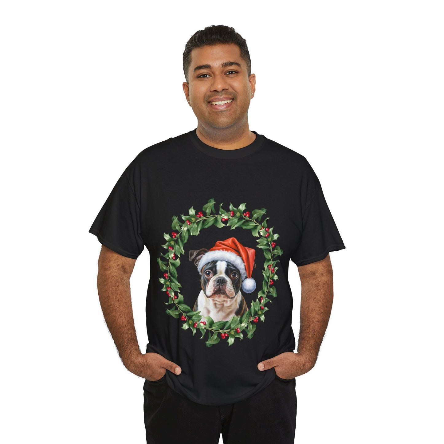 Boston Terrier Christmas wreath T-Shirt – Holiday Dog Lover Tee, Festive Small Dog Shirt, Cute Boston Terrier Xmas Gift, Pet Lover Apparel, Holiday Puppy Shirt for Boston Terrier Lovers