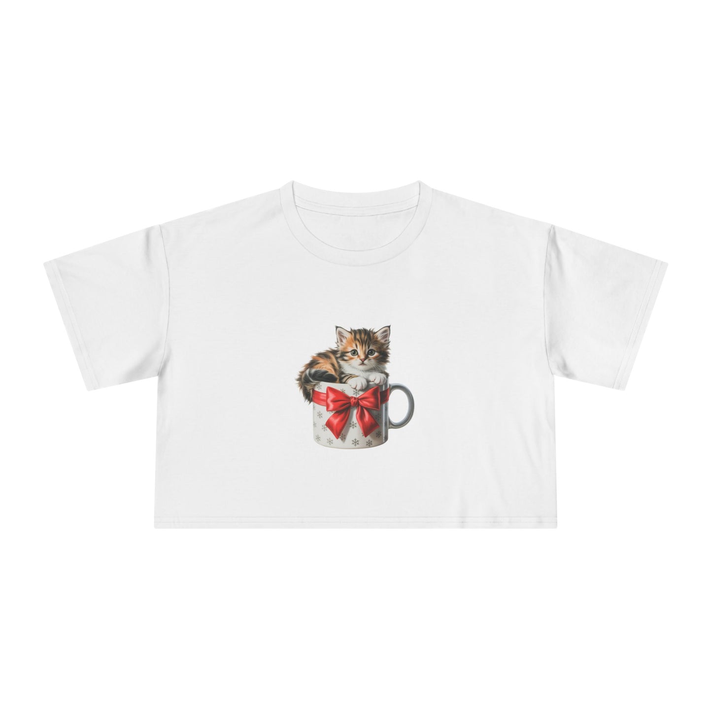 Kitten in Gift Mug Crop Tee - Cute Cat Graphic Women's Top