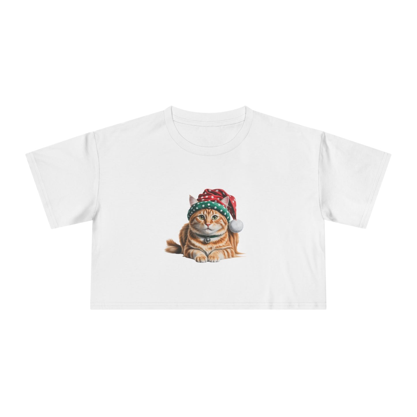Christmas Ginger cat with polka dot Christmas hat Crop Tee - Cute Ginger cat with Santa Hat Holiday Top