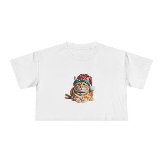 Christmas Ginger cat with polka dot Christmas hat Crop Tee - Cute Ginger cat with Santa Hat Holiday Top