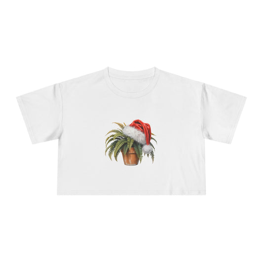 Crop Tee — Potted Fern Plant with Santa Hat Christmas Crop Top