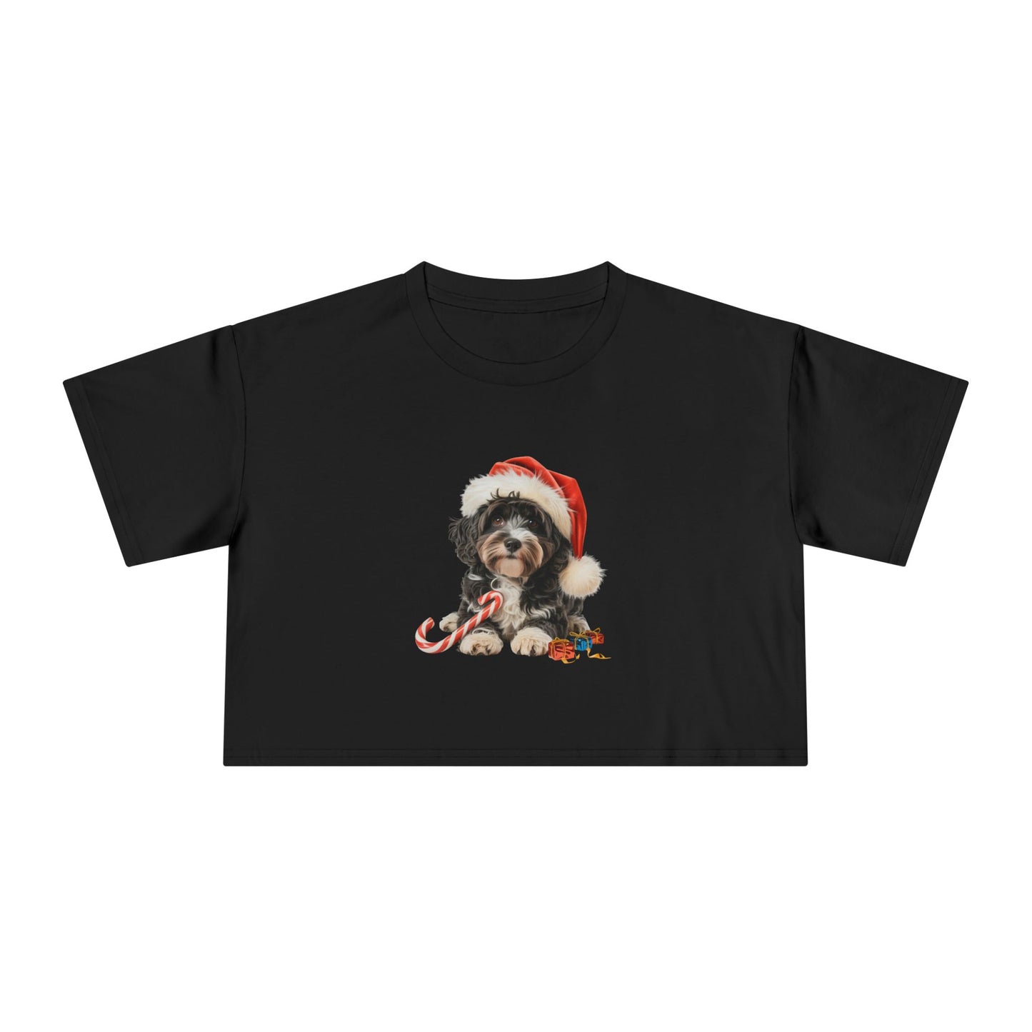 Christmas Black Cavoodle Women's Crop Tee - Santa Hat Dog Holiday Top