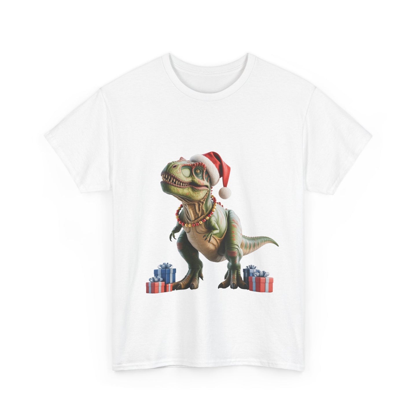 Christmas T-Rex T-Shirt — Festive T-Rex in Santa Hat with Presents