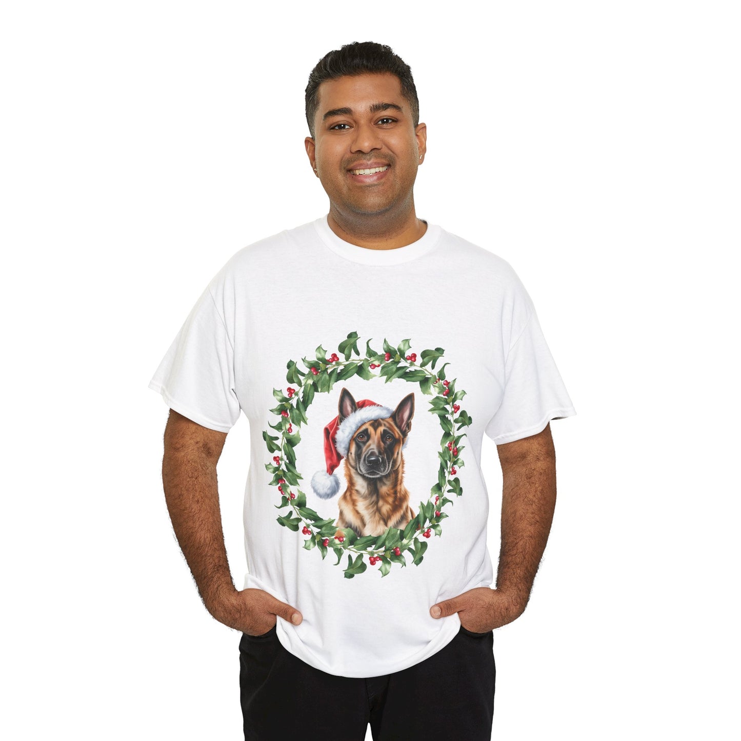 Belgian Malinois Christmas Wreath T-Shirt, Festive Belgian Malinois Dog Christmas Tee, Cute Pet Lover Shirt, Holiday Apparel, Great Gift for Dog Owners