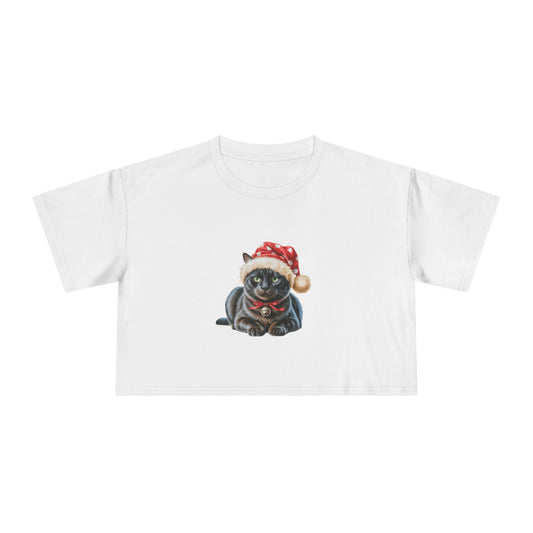 Holiday Black CAT Crop Tee — Cute Black Cat in Santa Hat Women's Crop Top