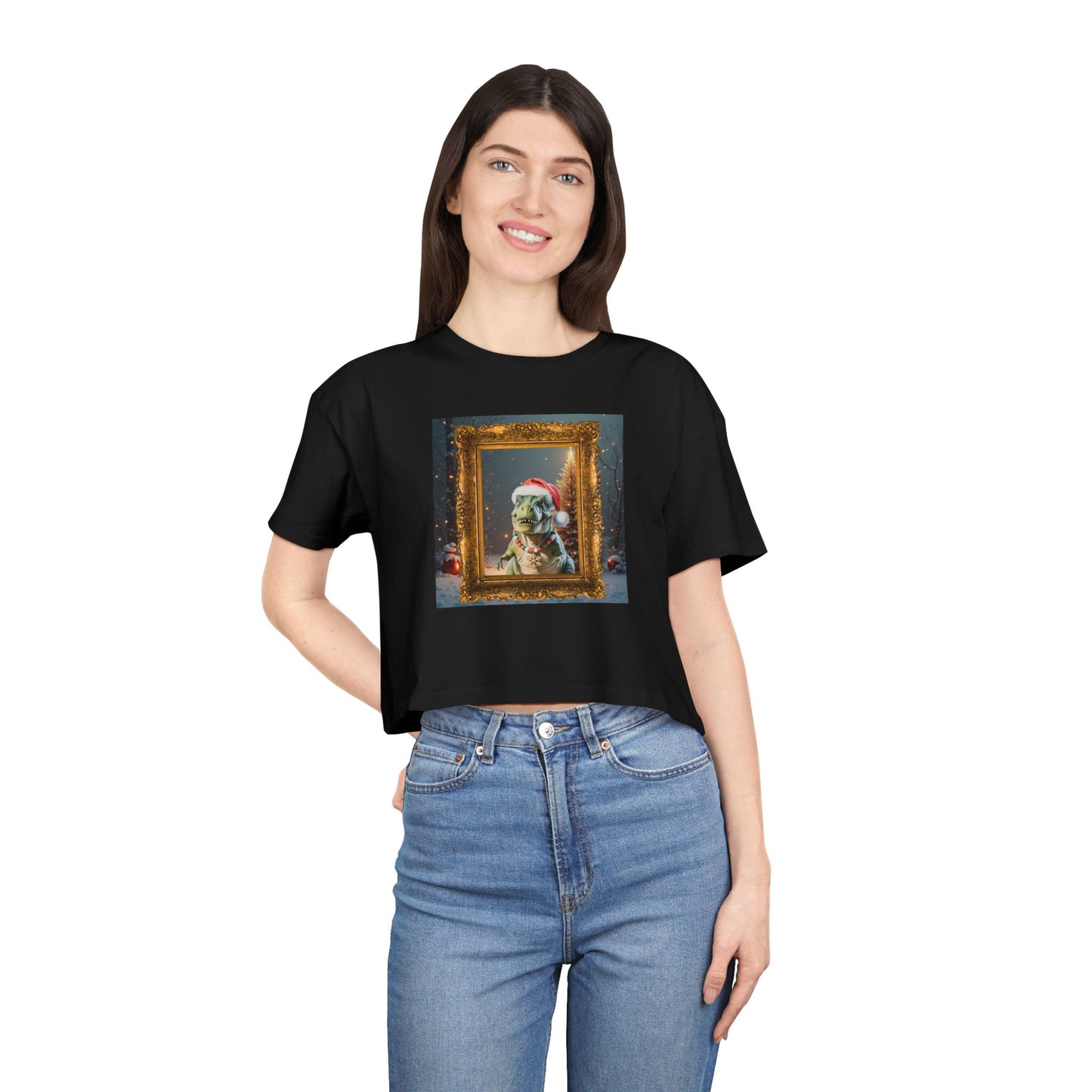 Holiday Dinosaur Portrait Crop Tee — Cute Dinosaur in Santa Hat Graphic
