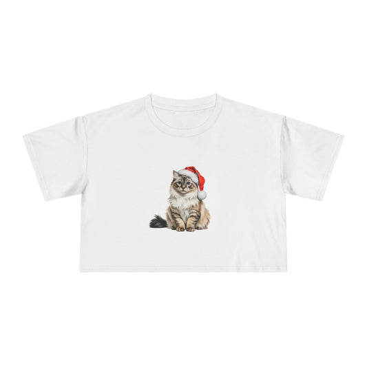 Christmas Cat Crop Tee — Cute Kitten in Santa Hat Holiday Top