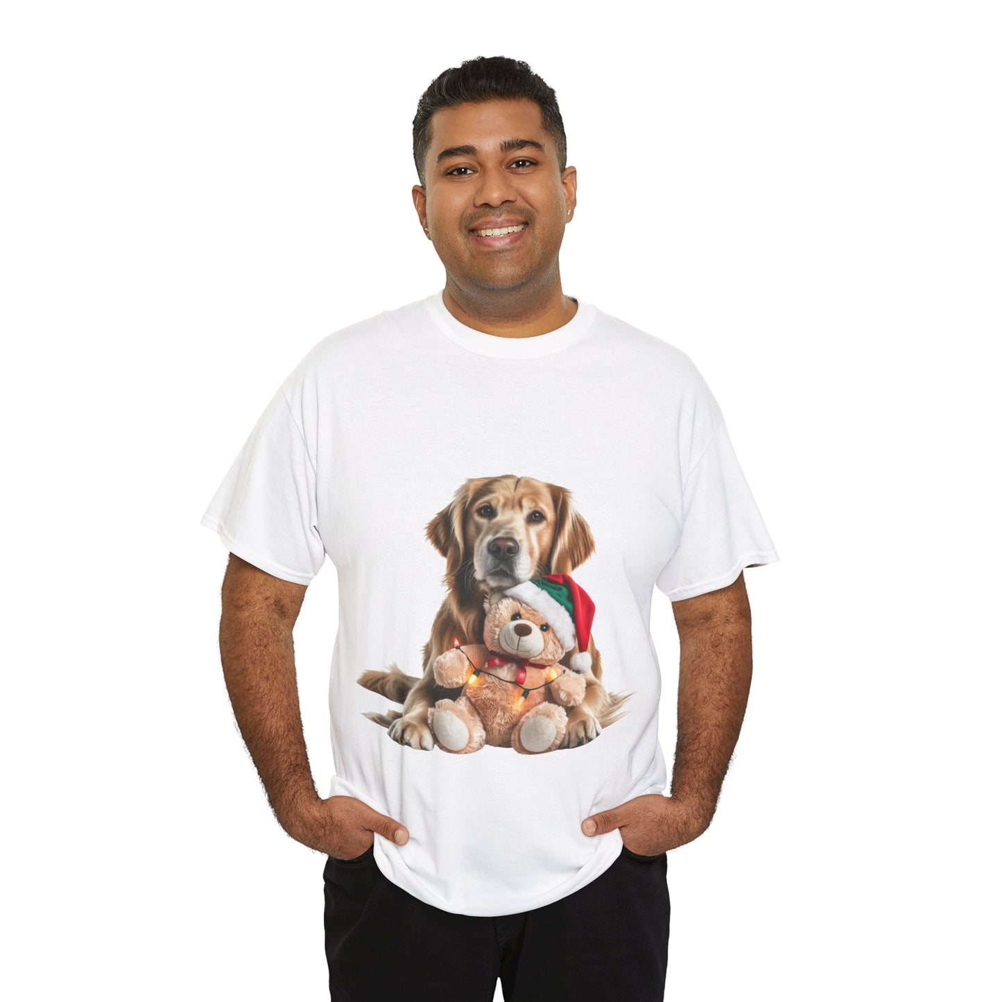 Dog with Holiday Teddy T-Shirt — Christmas Golden Retriever Tee