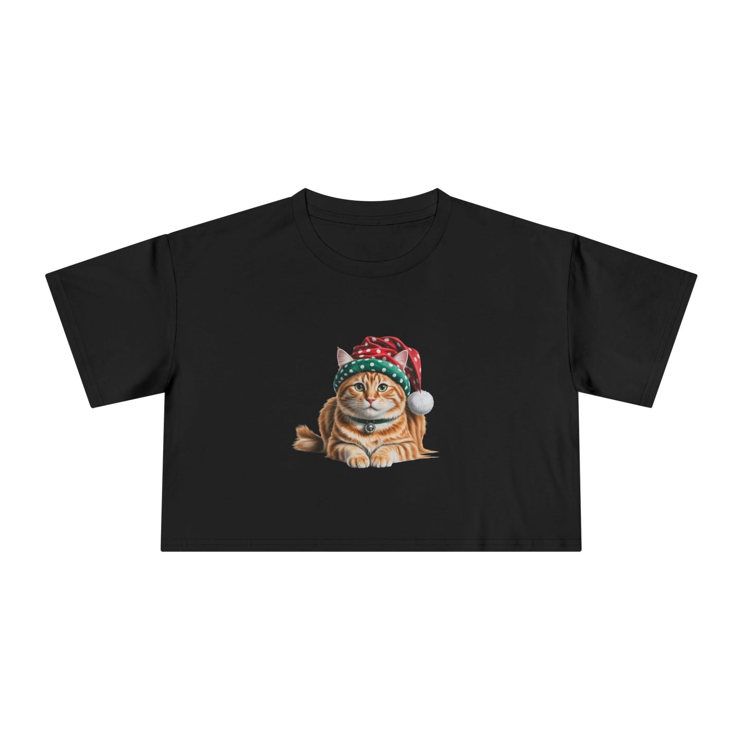 Christmas Ginger cat with polka dot Christmas hat Crop Tee - Cute Ginger cat with Santa Hat Holiday Top