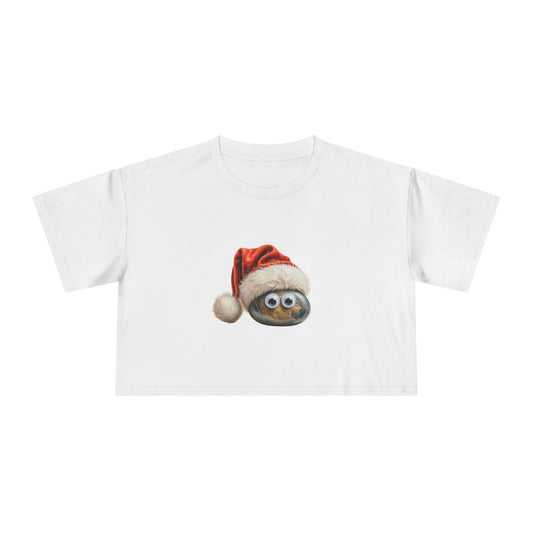 Crop Tee — Cute Pet Rock with Santa Hat Holiday Top