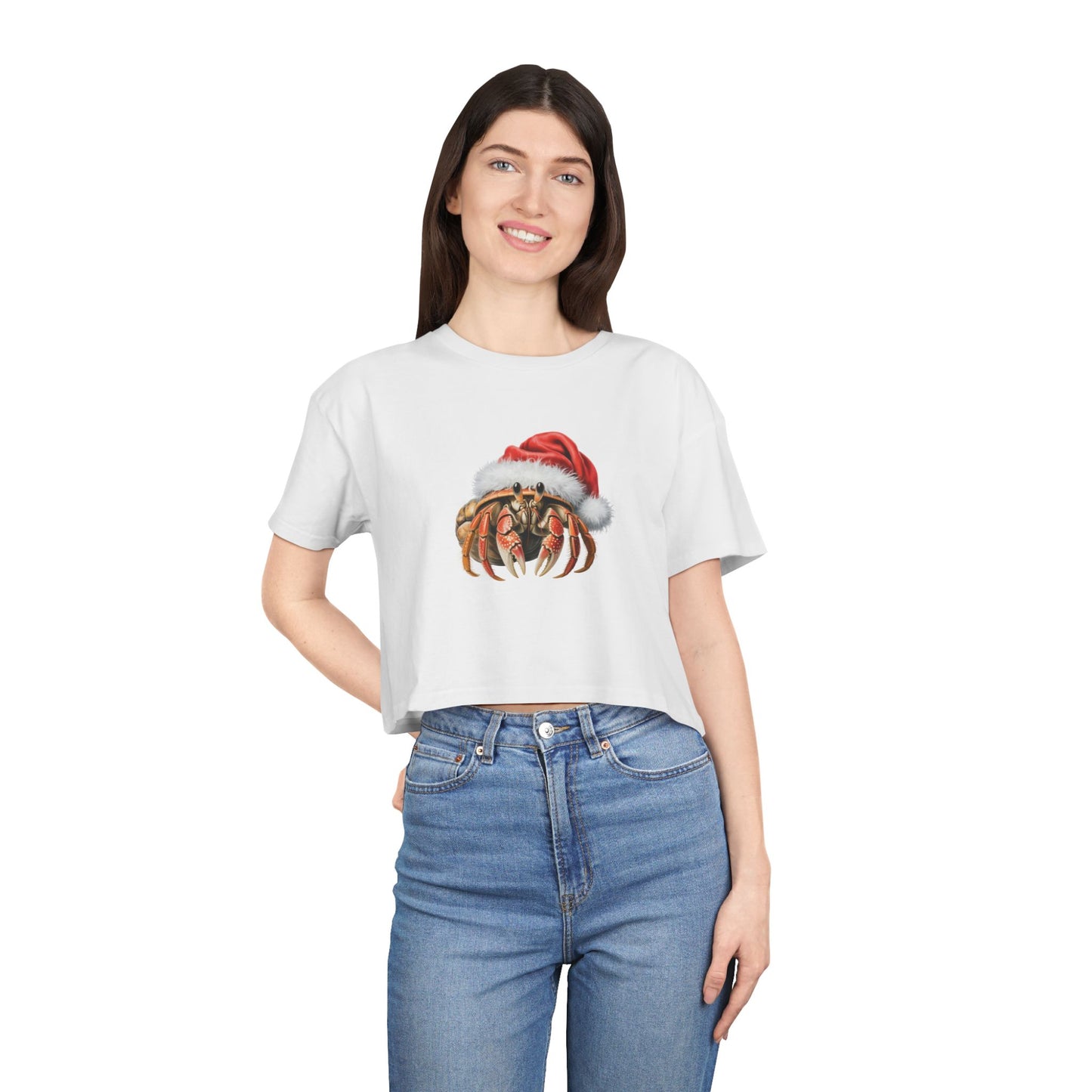 Christmas Hermit Crab Crop Tee – Festive Santa Hat Beach Vibes