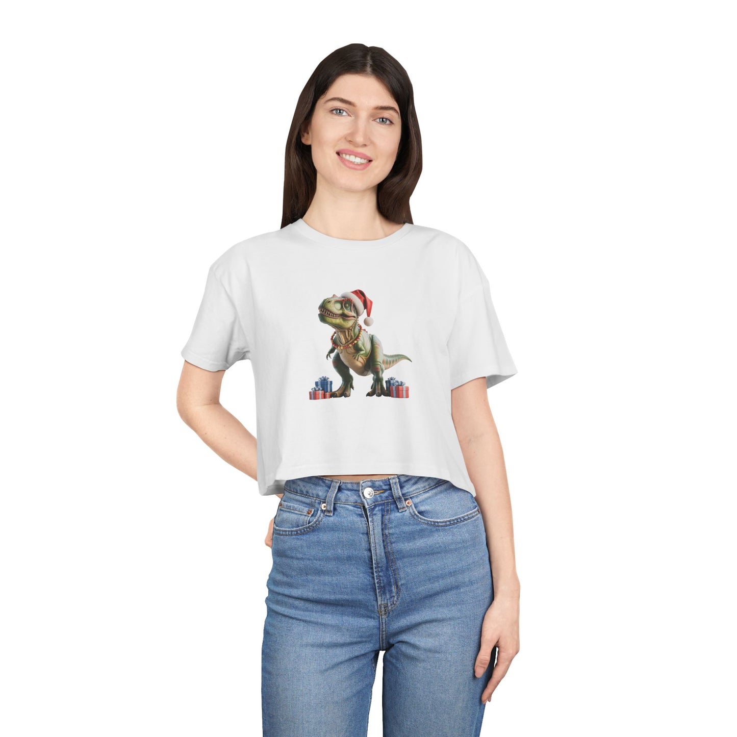 T-Rex Christmas Crop Tee — Festive Dino Holiday Graphic
