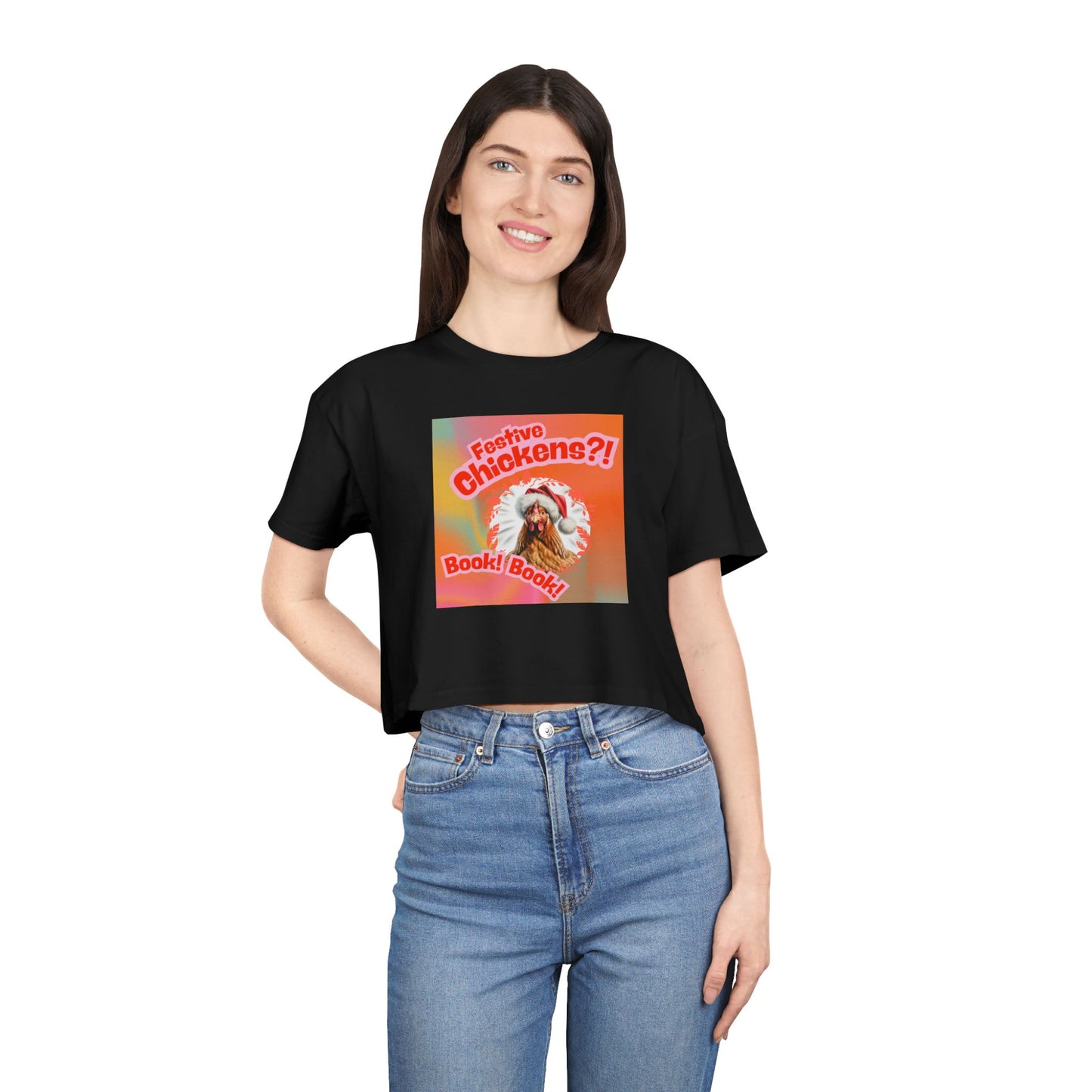Crop Tee — Festive Chickens?! Retro Holiday Chicken Graphic