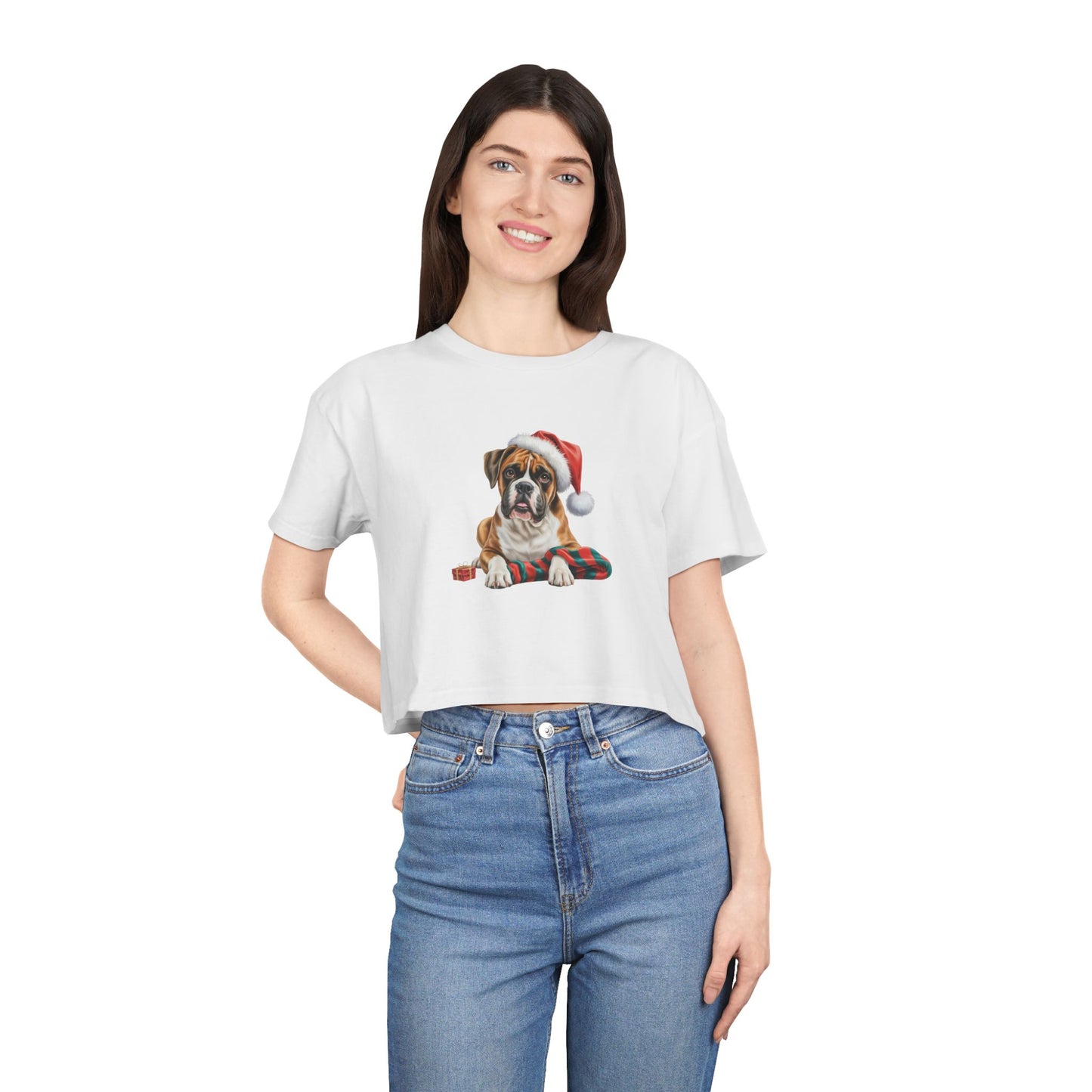 Christmas Boxer Crop Tee — Boxer dog in Santa Hat Holiday Top