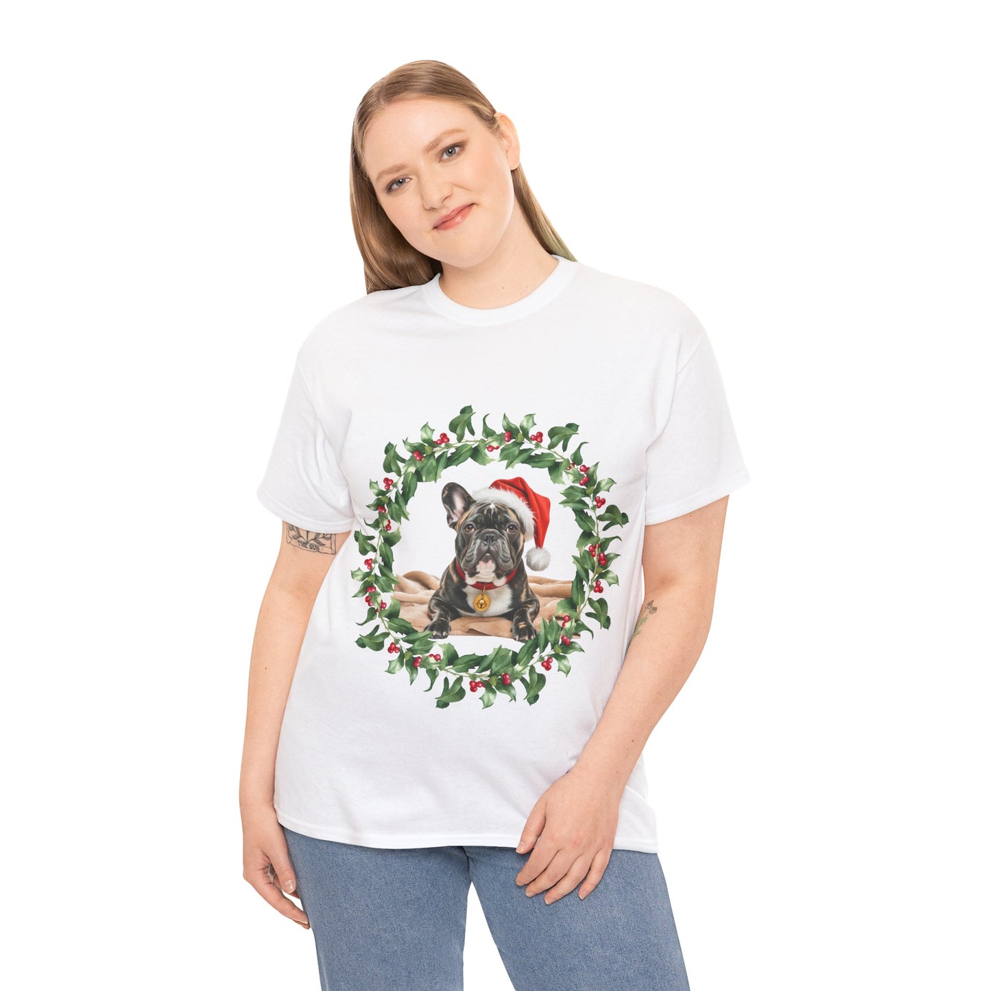 French Bulldog Christmas wreath T-Shirt, Festive Frenchie Dog Christmas Tee, Cute Pet Lover Shirt, Holiday Apparel, Great Gift for Dog Owners