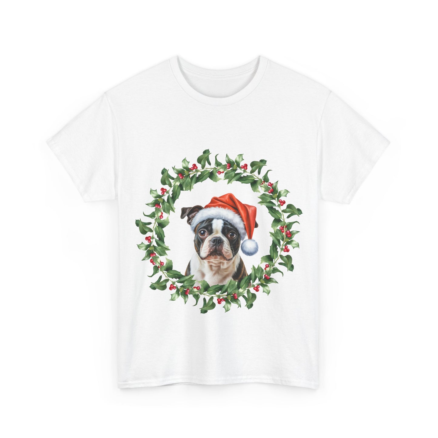 Boston Terrier Christmas wreath T-Shirt – Holiday Dog Lover Tee, Festive Small Dog Shirt, Cute Boston Terrier Xmas Gift, Pet Lover Apparel, Holiday Puppy Shirt for Boston Terrier Lovers
