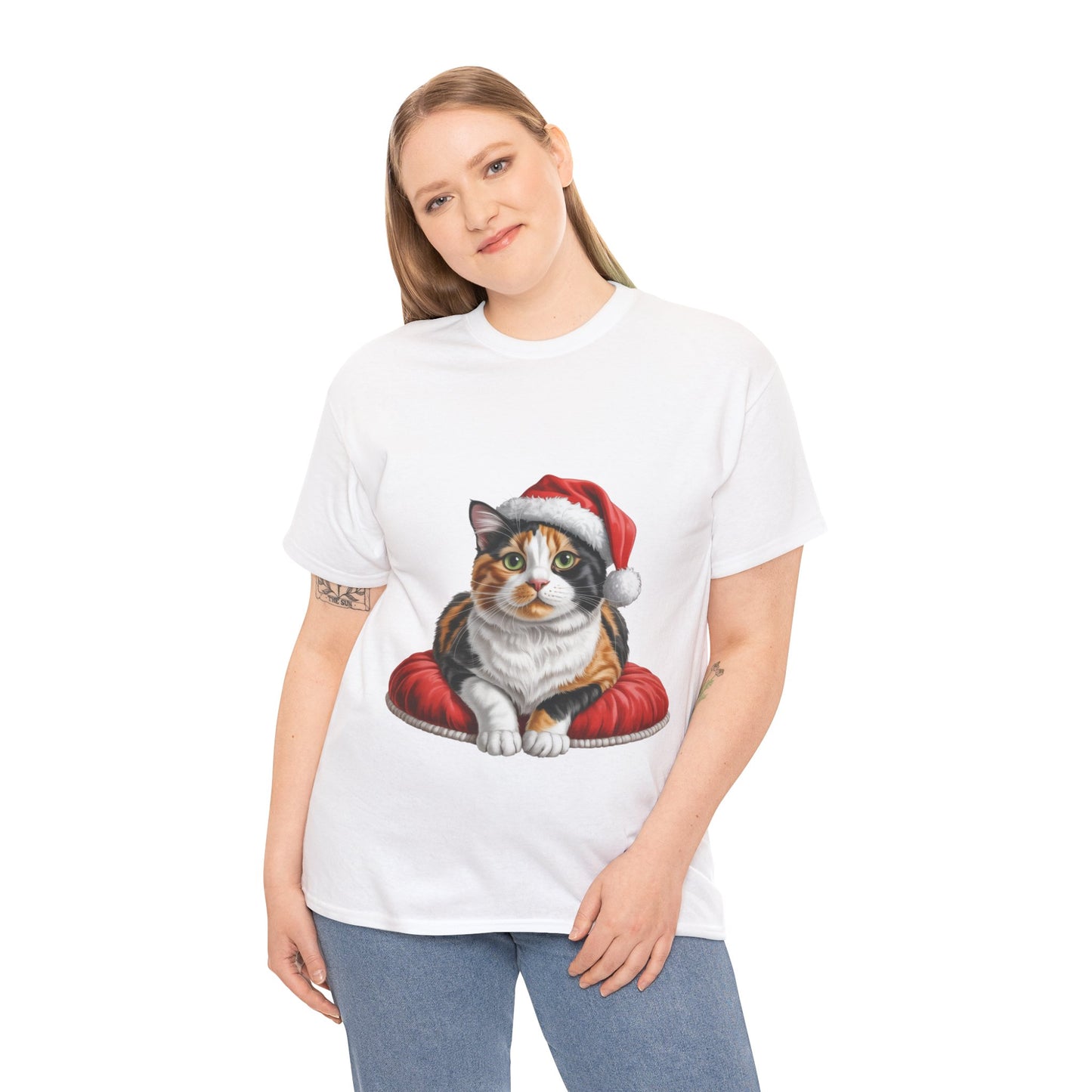 Calico cat on a cushion Christmas T-Shirt, Festive calico Cat Christmas Tee, Cute Pet Lover Shirt, Holiday Apparel, Great Gift for Pet Owners
