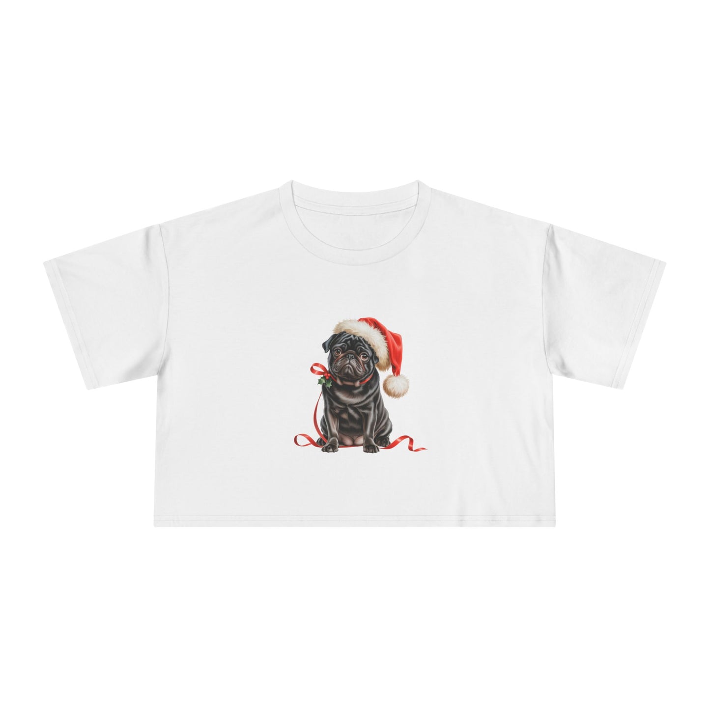 Christmas Black Pug Crop Tee – Cute Santa Hat Holiday Women’s Crop Top