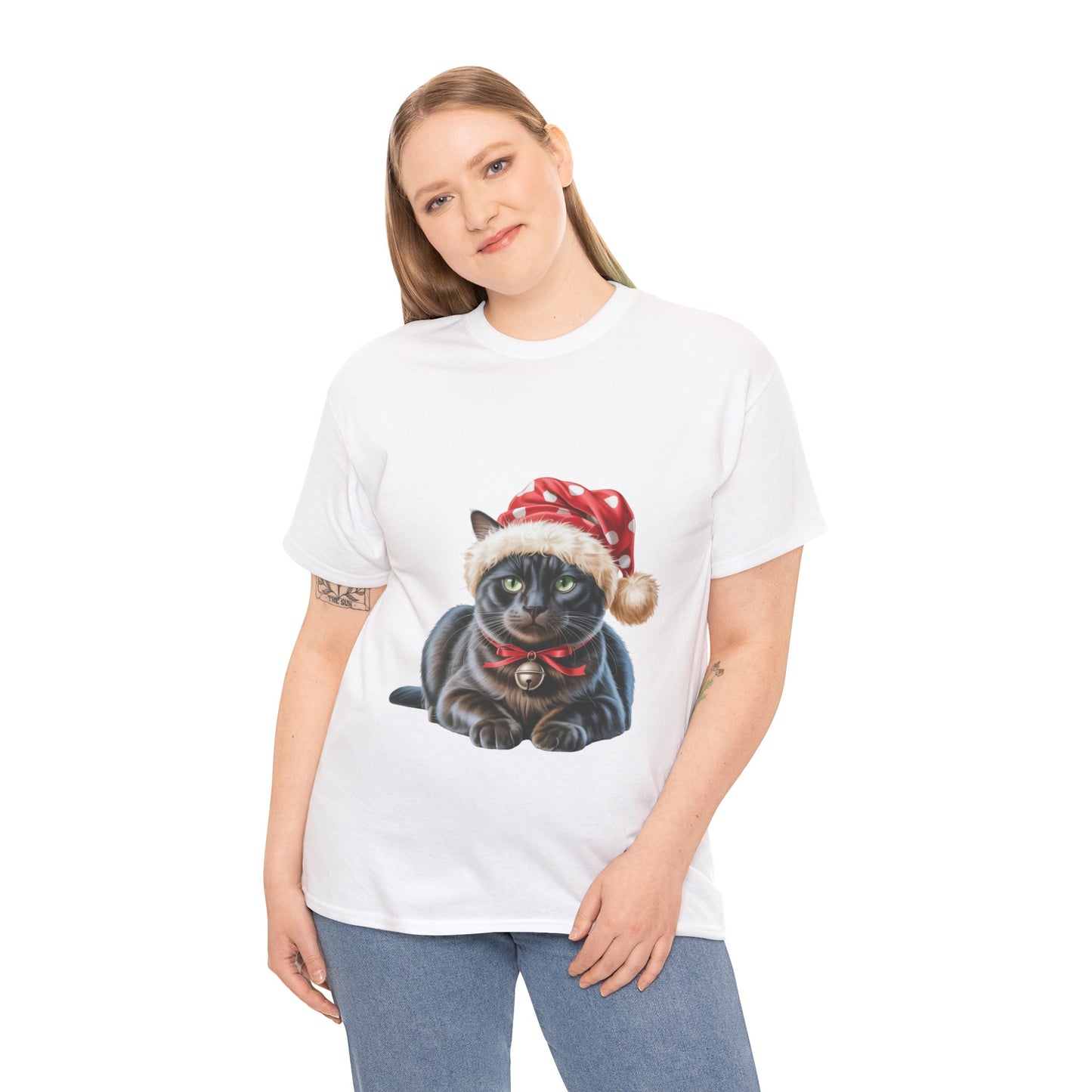 Black Cat in Santa Hat T-Shirt — Cute Christmas Black Cat Holiday Tee