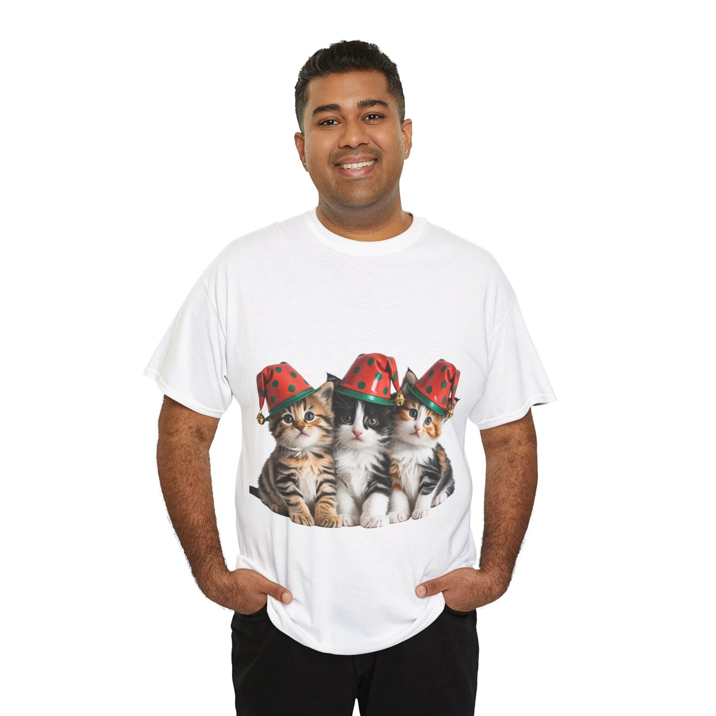 Cat Trio Christmas Tee — Cute Kittens in Santa Hats Holiday T-Shirt