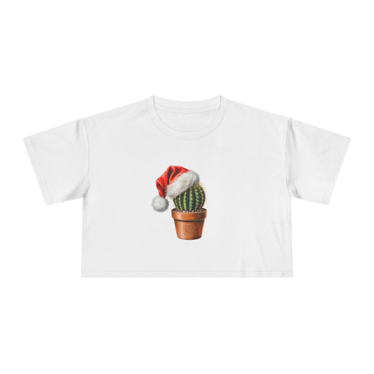 Crop Tee — Festive Cactus in Santa Hat Christmas Top