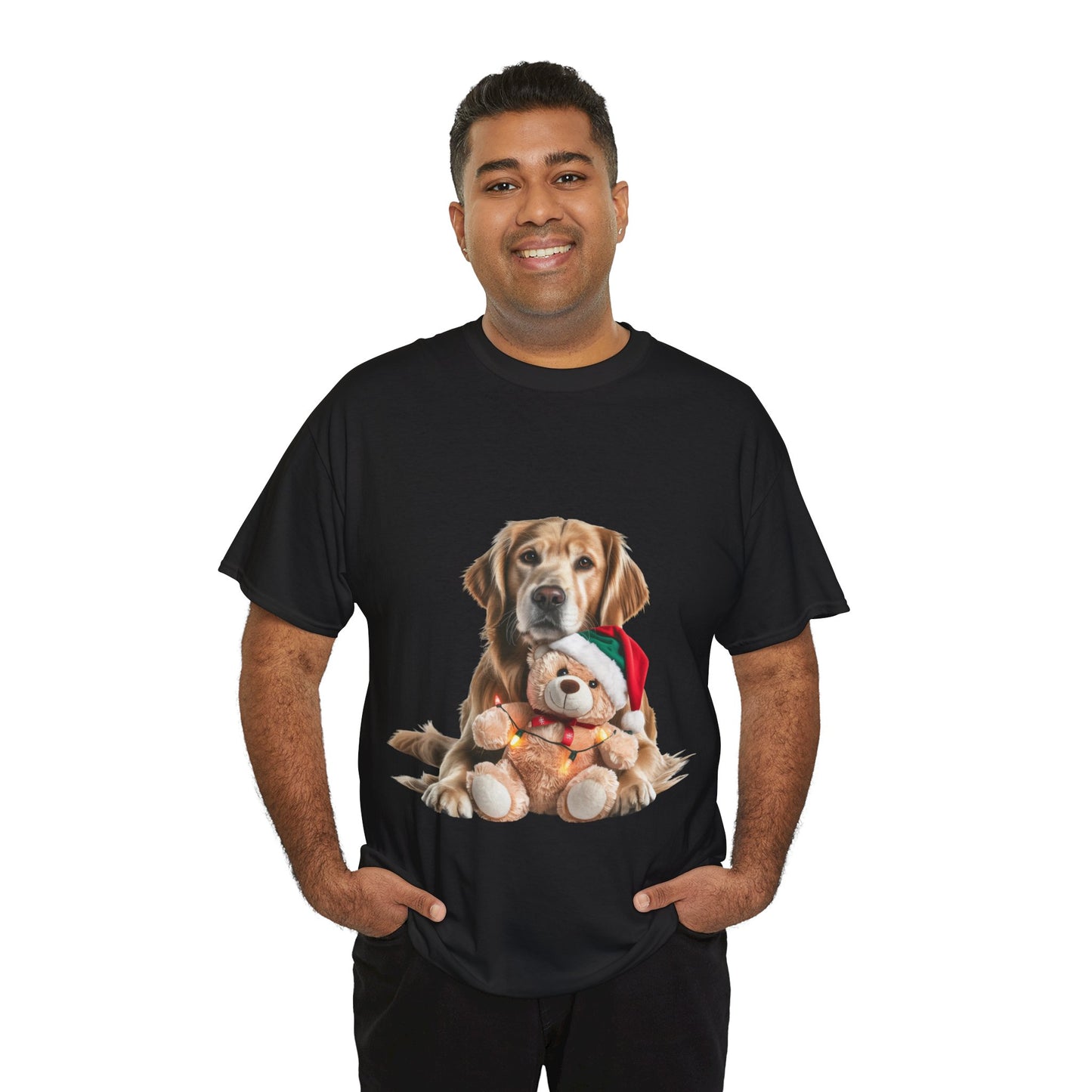 Dog with Holiday Teddy T-Shirt — Christmas Golden Retriever Tee