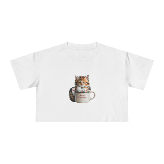 Christmas Kitten in a Mug Crop Tee — Cute Christmas Kitten Coffee Lover Graphic Top