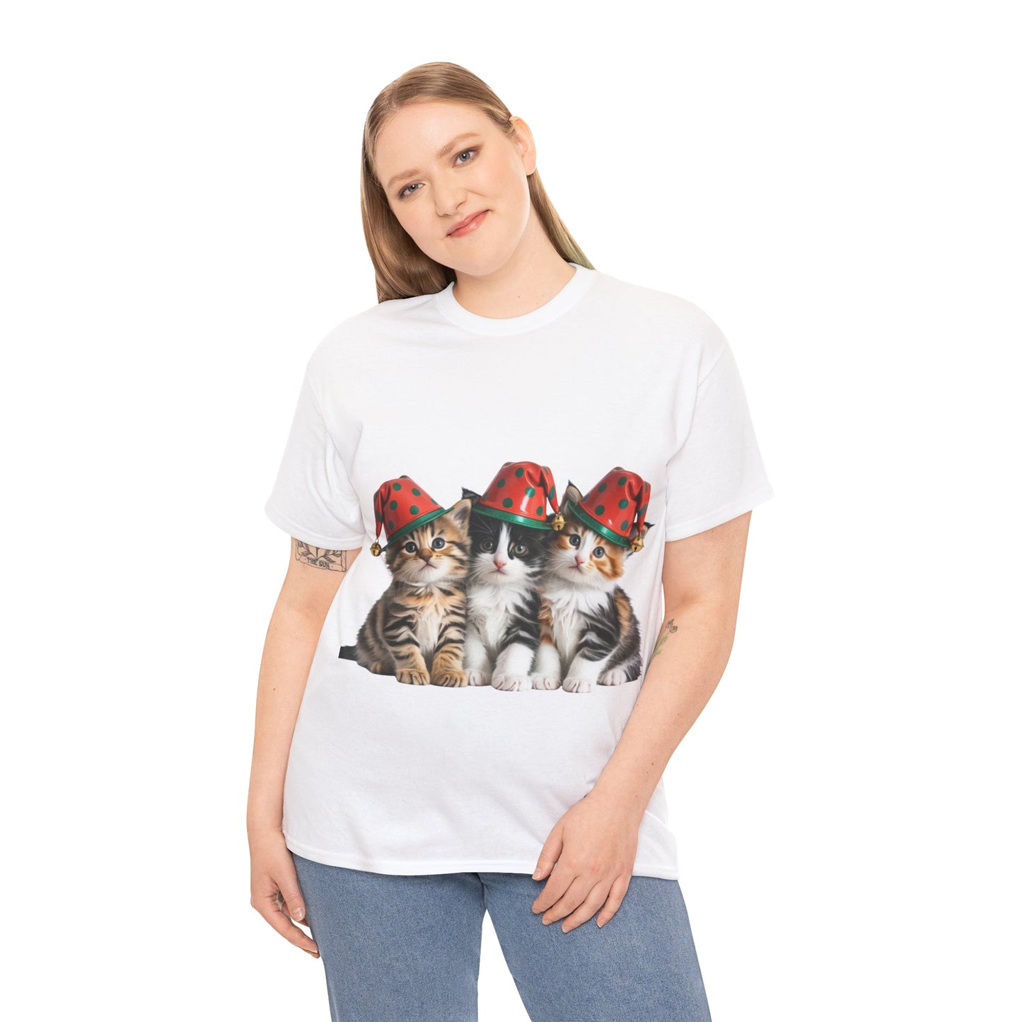 Cat Trio Christmas Tee — Cute Kittens in Santa Hats Holiday T-Shirt