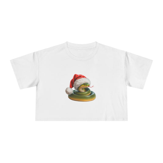 Snake Wearing Santa Hat Crop Tee — Cute Christmas Snake Holiday Crop T-Shirt