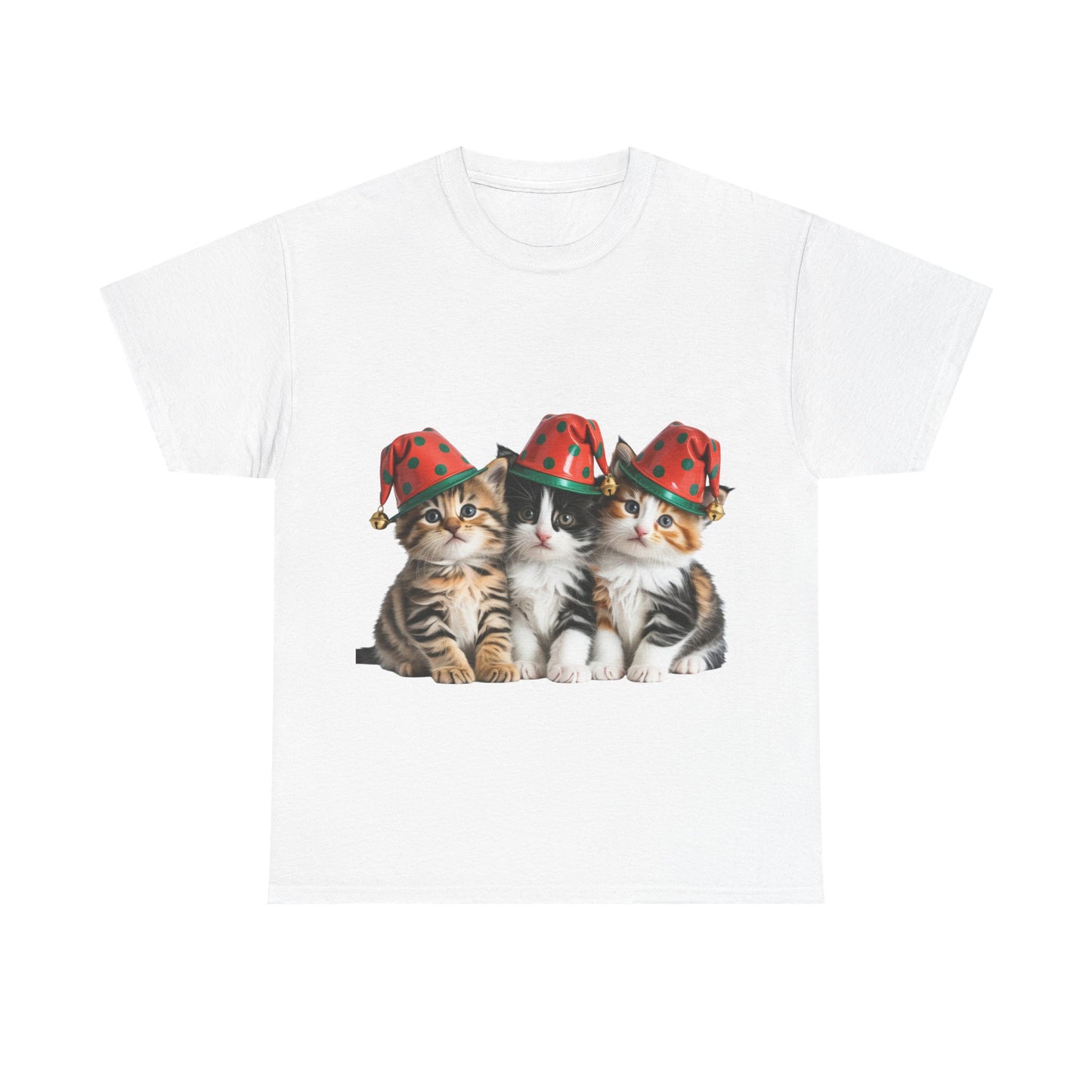Cat Trio Christmas Tee — Cute Kittens in Santa Hats Holiday T-Shirt