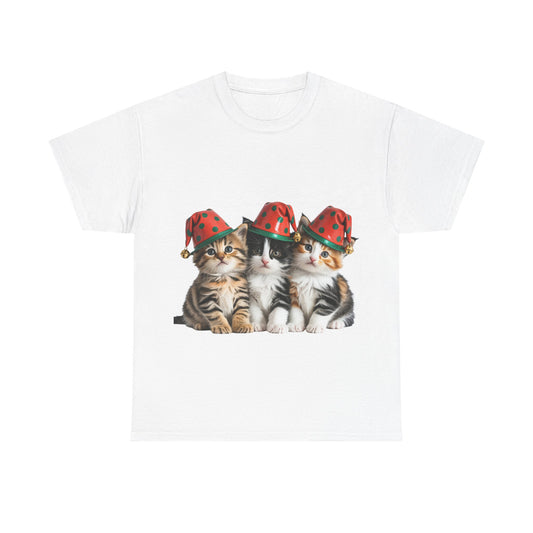 Cat Trio Christmas Tee — Cute Kittens in Santa Hats Holiday T-Shirt