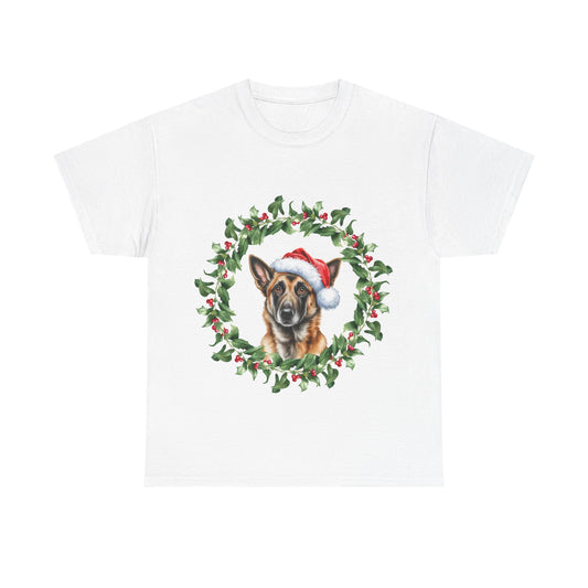 Belgian Malinois Christmas wreath T-Shirt, Festive Belgian Malinois Dog Christmas Tee, Cute Pet Lover Shirt, Holiday Apparel, Great Gift for Dog Owners
