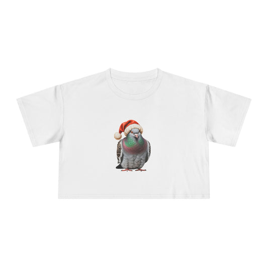 Christmas Pigeon Women's Crop Tee — Festive Pigeon in Santa Hat Holiday Top