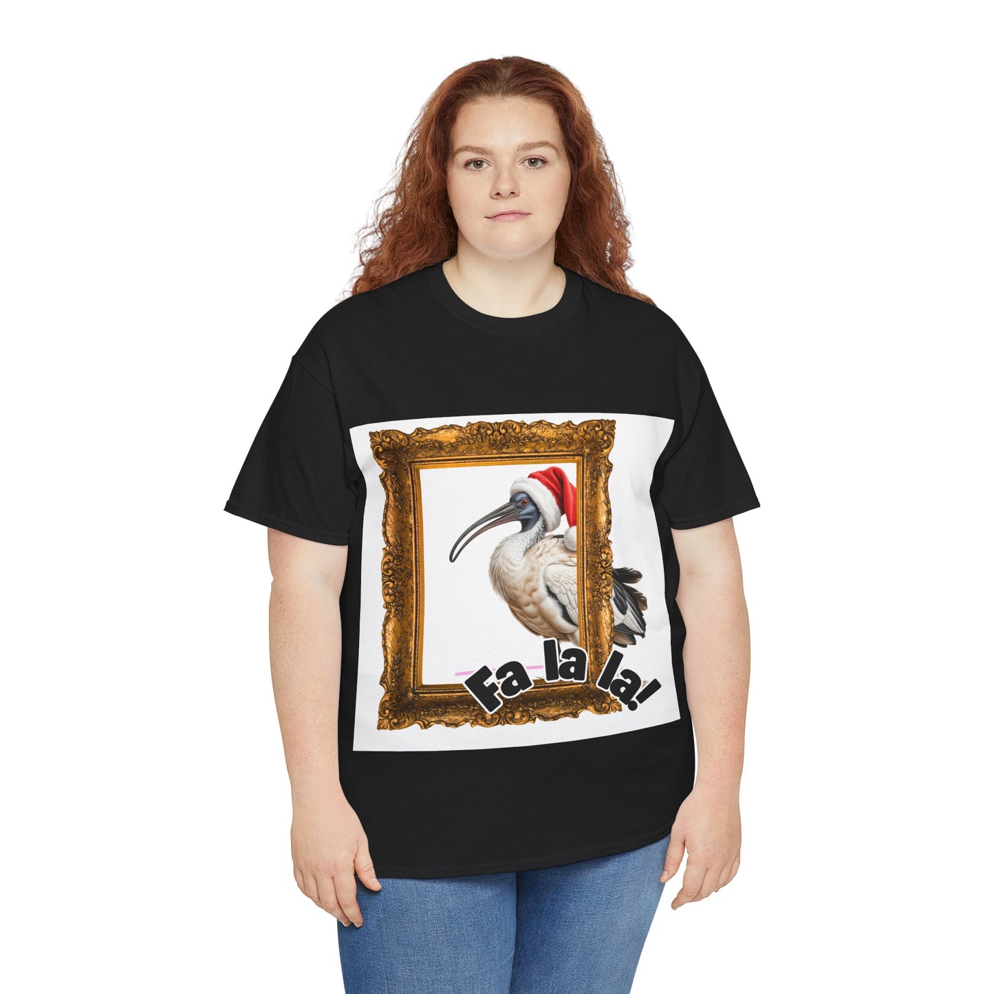 T-Shirt — Christmas Ibis in Gold Frame “Fa la la!” Holiday Tee
