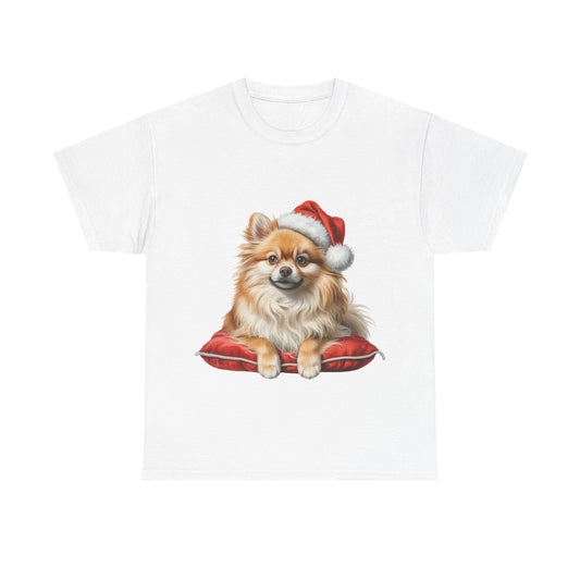 Pomeranian on a cushion Christmas Tee, Cute Pet Lover Shirt, Holiday Apparel, Great Gift for Dog Owners