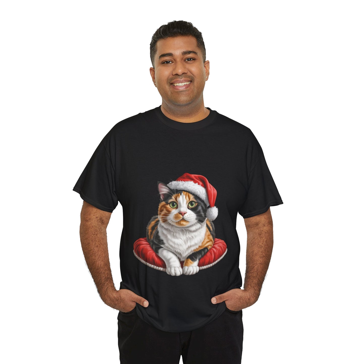 Calico cat on a cushion Christmas T-Shirt, Festive calico Cat Christmas Tee, Cute Pet Lover Shirt, Holiday Apparel, Great Gift for Pet Owners