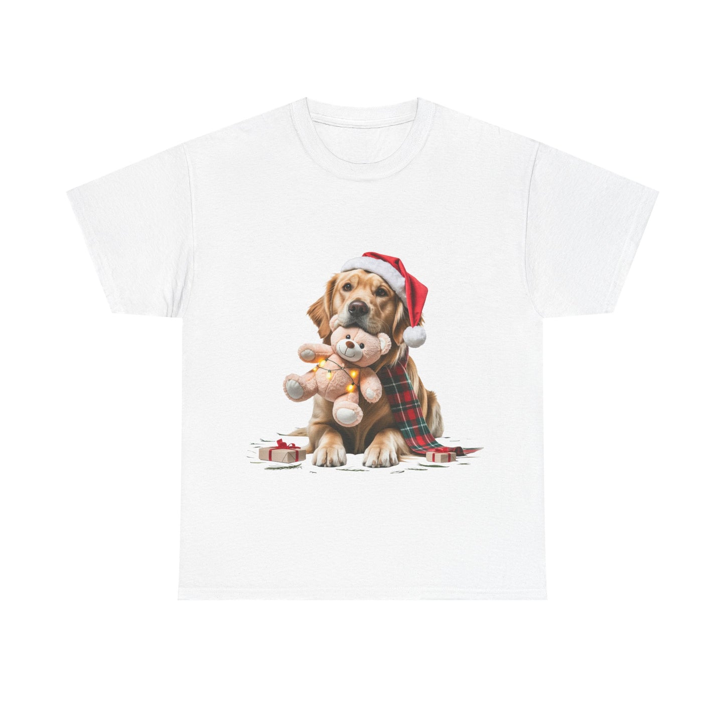Christmas Puppy T‑Shirt — Dog in Santa Hat Hugging Teddy Holiday Tee