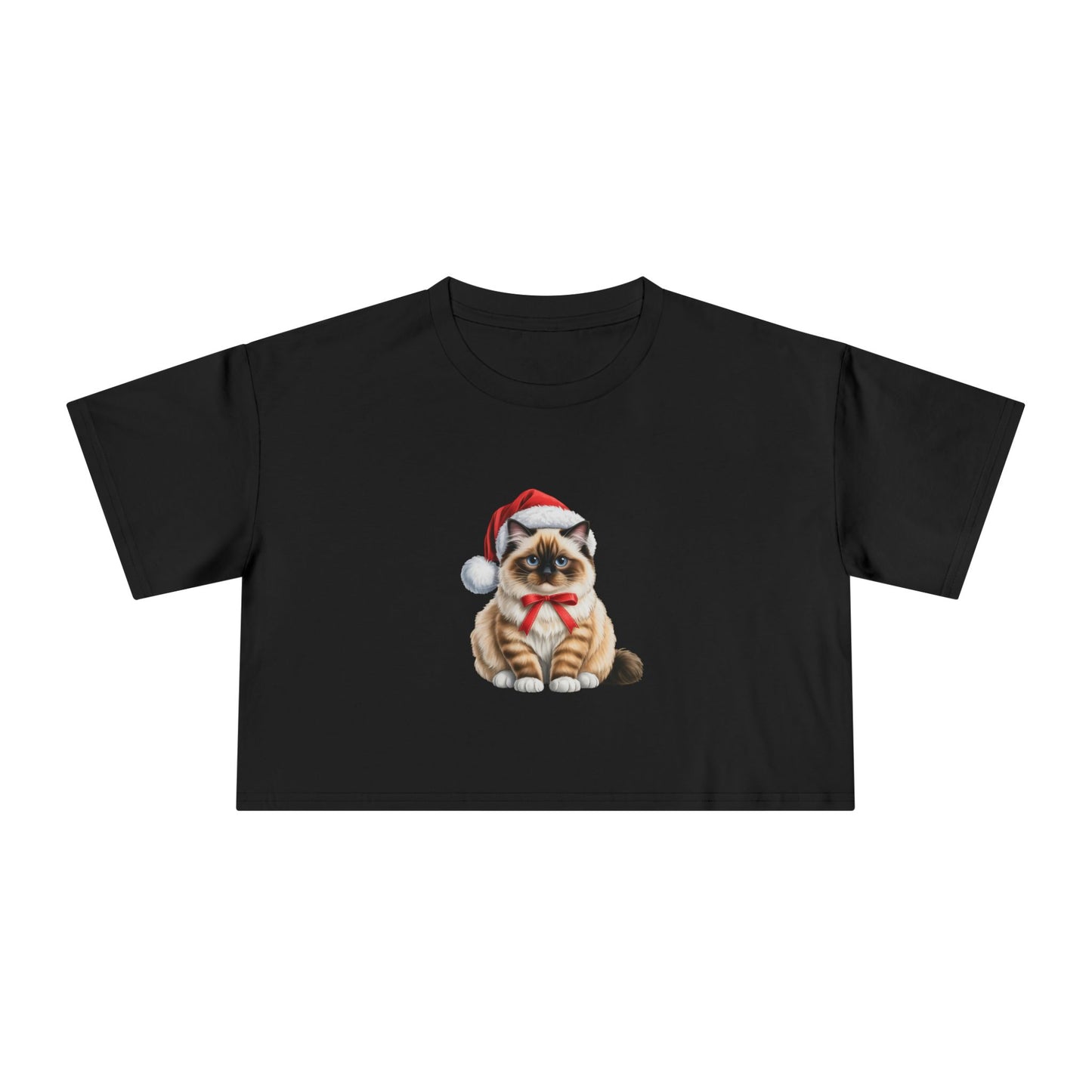 Christmas Ragdoll with Bow Crop Tee — Cute Ragdoll Cat in Santa Hat Holiday Top