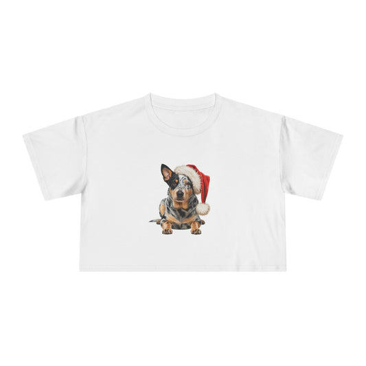 Christmas Blue Heeler Dog Crop Tee — Australian Cattle Dog in Santa Hat Womens Crop Top