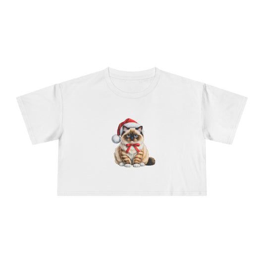Christmas Ragdoll with Bow Crop Tee — Cute Ragdoll Cat in Santa Hat Holiday Top
