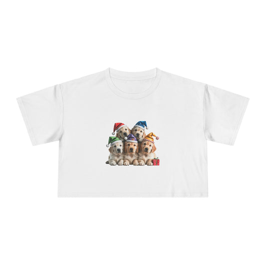 Christmas Puppy Crop Tee — Festive Dogs in Santa Hats