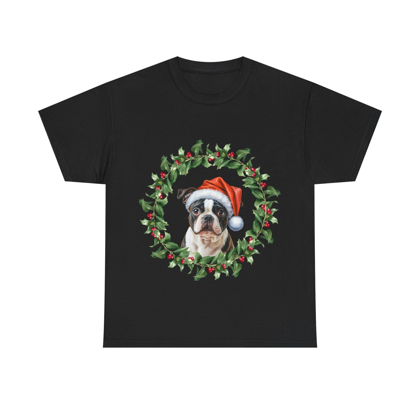 Boston Terrier Christmas wreath T-Shirt – Holiday Dog Lover Tee, Festive Small Dog Shirt, Cute Boston Terrier Xmas Gift, Pet Lover Apparel, Holiday Puppy Shirt for Boston Terrier Lovers