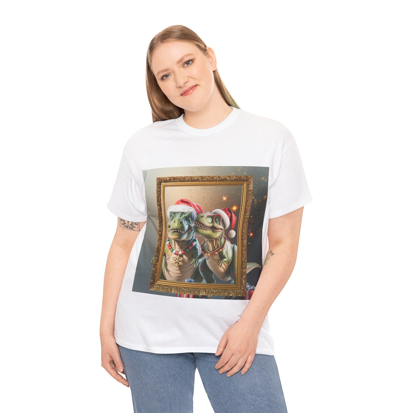 Christmas Mr & Mrs T-Rex T-Shirt — Festive T-Rex in Santa Hat with Presents