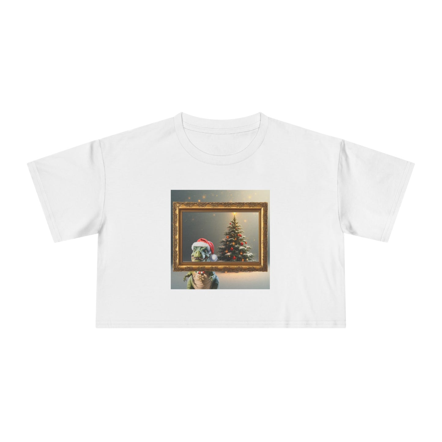 Christmas Art Crop Tee — Dinosaur in Framed Christmas Tree Graphic