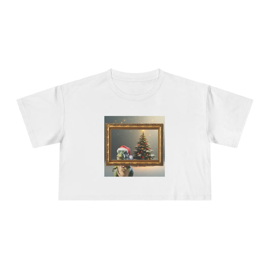 Christmas Art Crop Tee — Dinosaur in Framed Christmas Tree Graphic