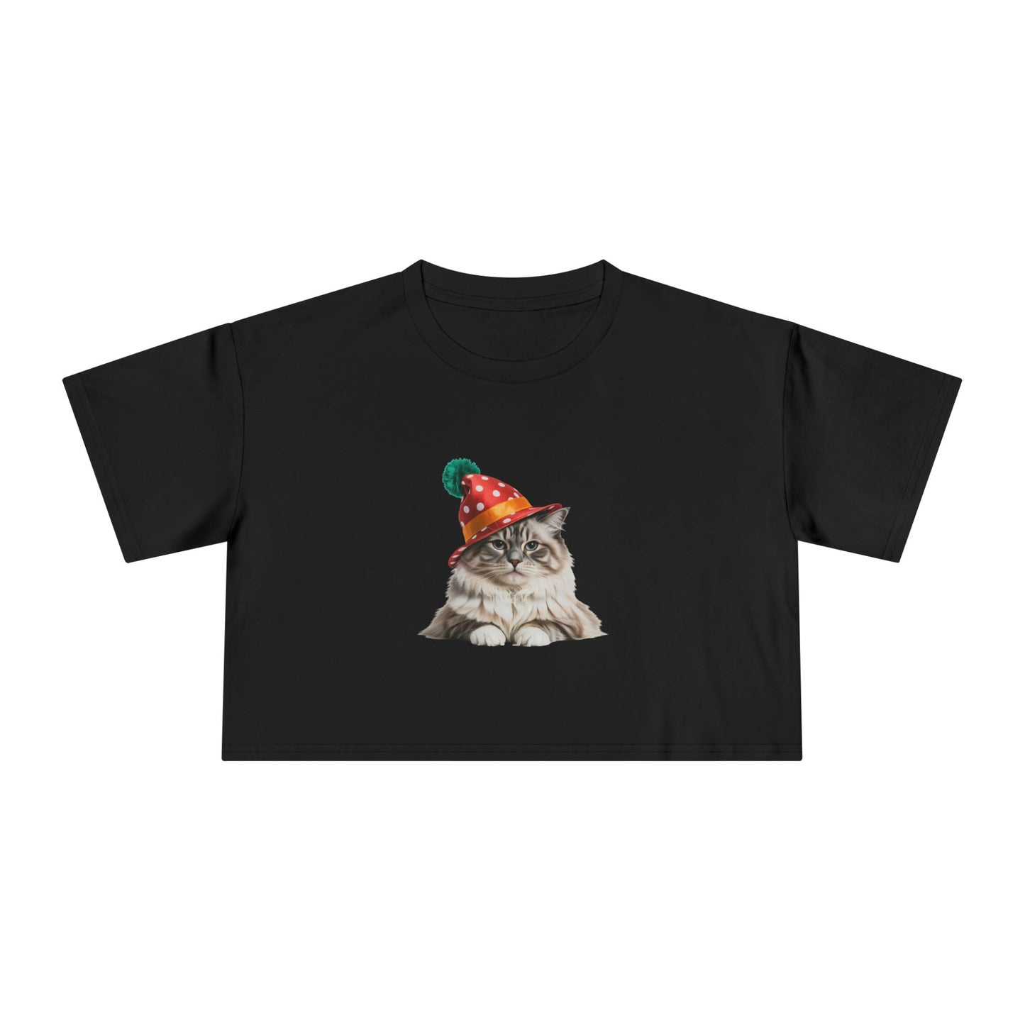 Cute Christmas party cat Crop Tee — Cat Wearing Christmas Holiday Hat Graphic