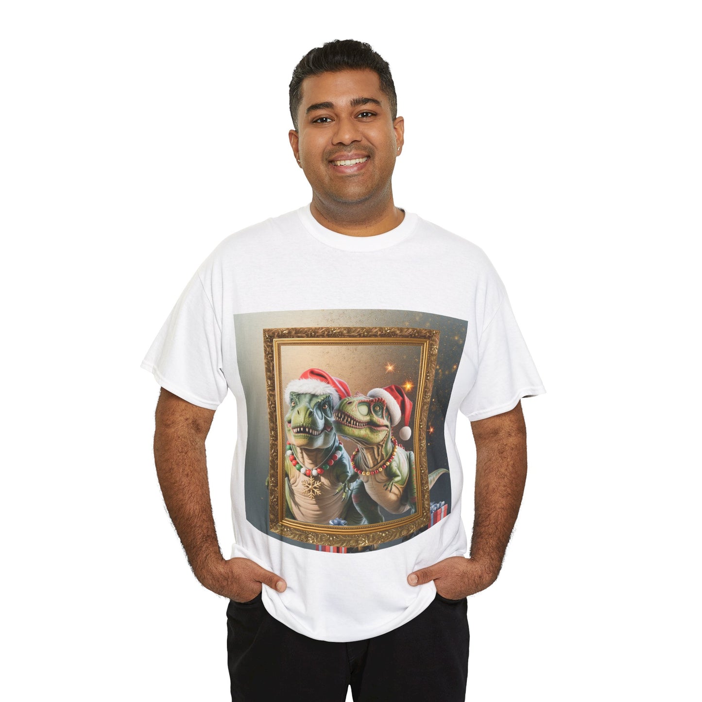Christmas Mr & Mrs T-Rex T-Shirt — Festive T-Rex in Santa Hat with Presents
