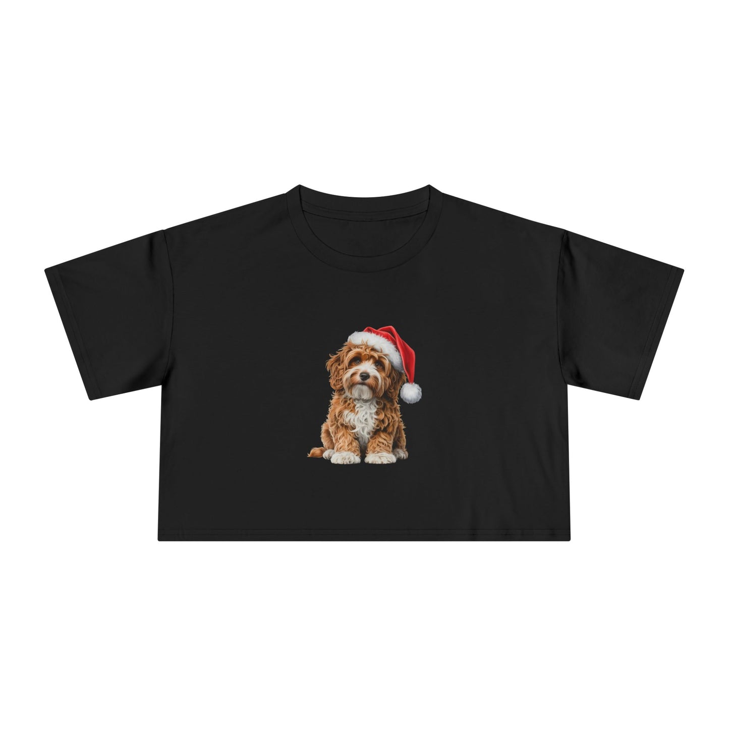 Christmas Cavoodle Crop Tee - Cute Tan & White Cavoodle Dog in Santa Hat Women's Top