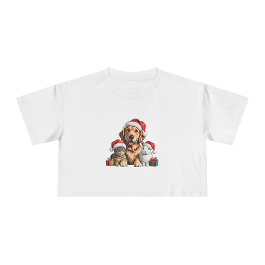 Christmas Furry Friends Crop Tee — Festive Golden Retriever, Cat and Rabbit with Santa Hats