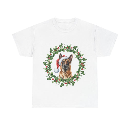 Belgian Malinois Christmas Wreath T-Shirt, Festive Belgian Malinois Dog Christmas Tee, Cute Pet Lover Shirt, Holiday Apparel, Great Gift for Dog Owners
